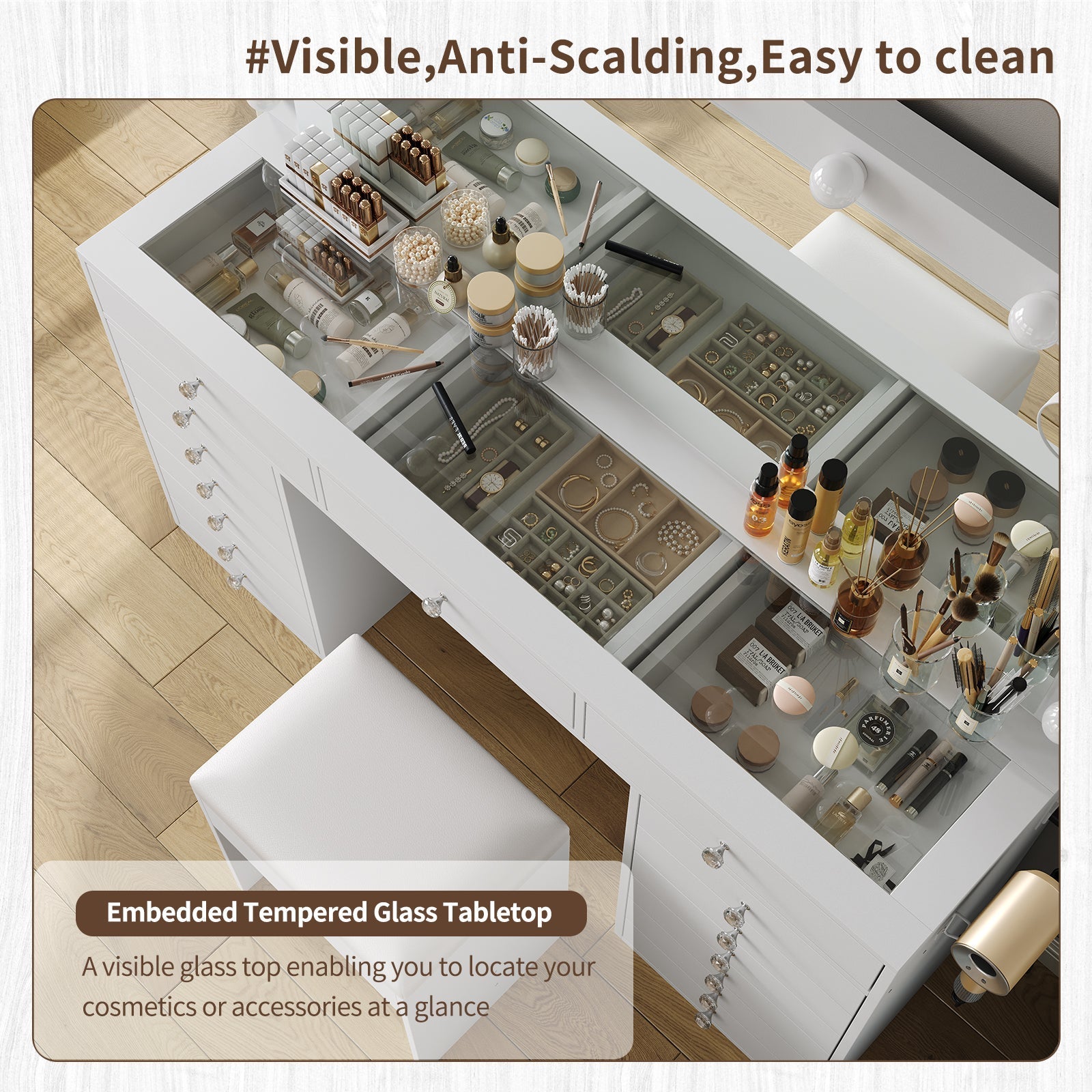 Vektaya US-VD017 Bedroom Makeup Vanity desk with LED Mirror, 15 Drawers