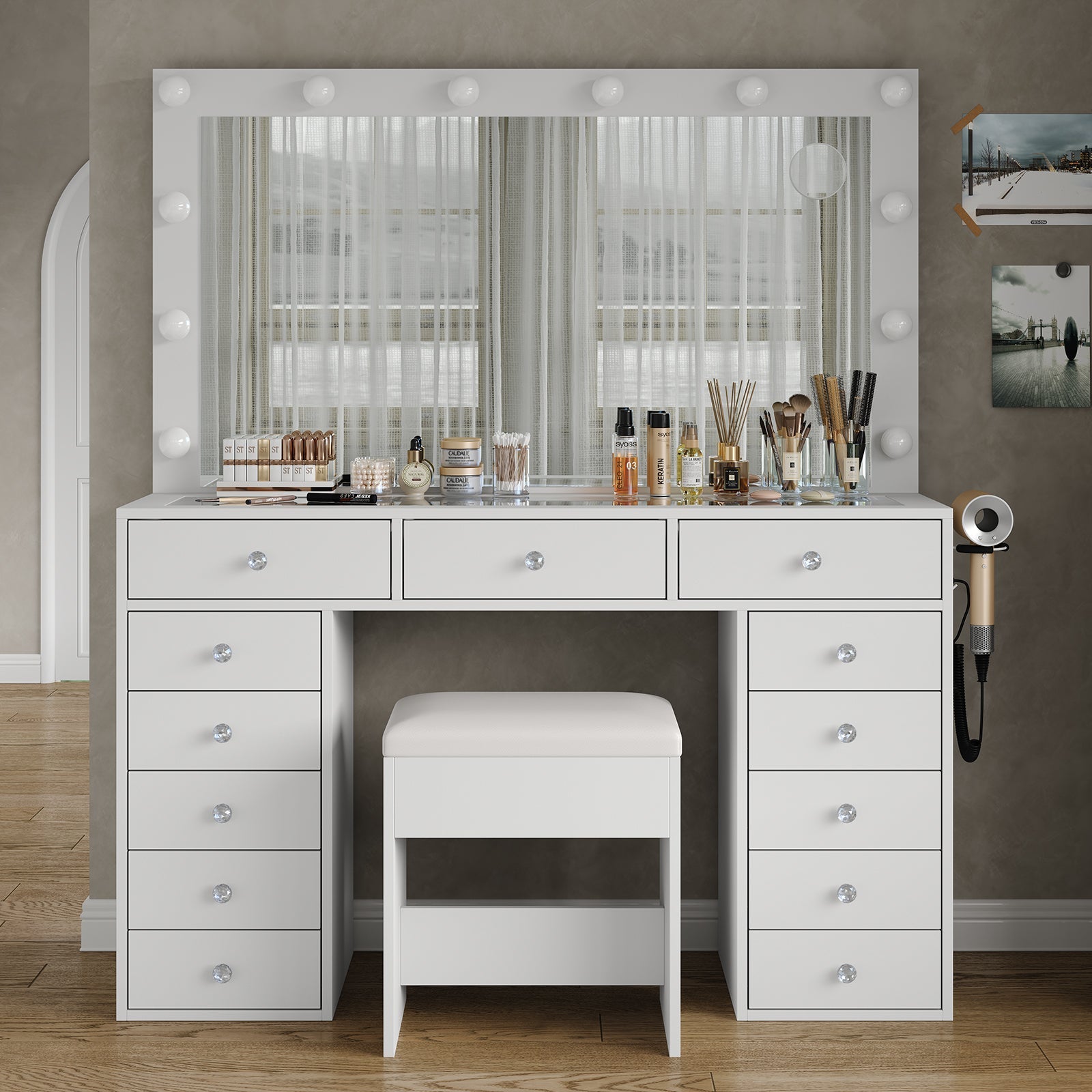 Vektaya US-VD018 Bedroom Makeup Vanity desk with LED Mirror, 13 Drawers